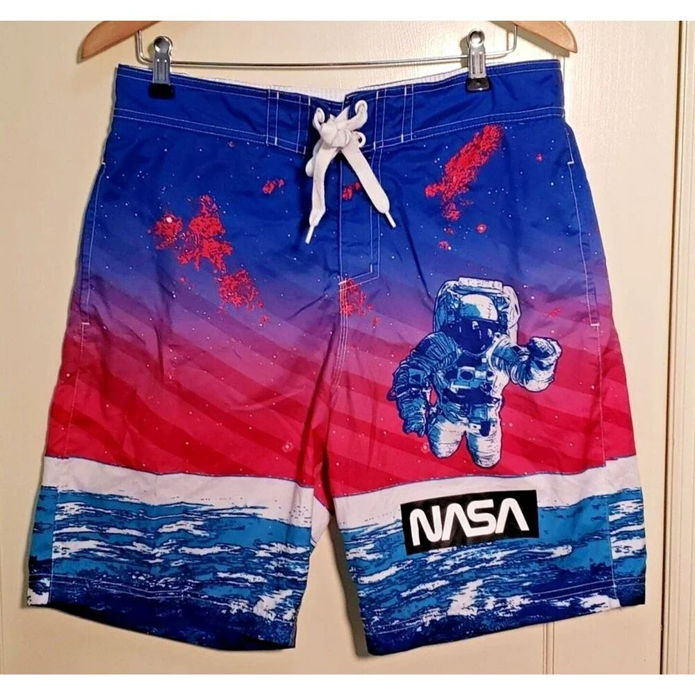 Buzz Aldrin Men's Blue Swimming Trunks, NASA Astronaut Detail, Size Medium
